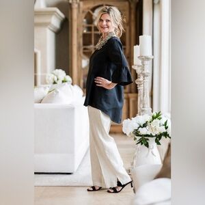 NWT Crown Linen Designs Classic Wide Leg 100% Linen Pants Beige Size Large